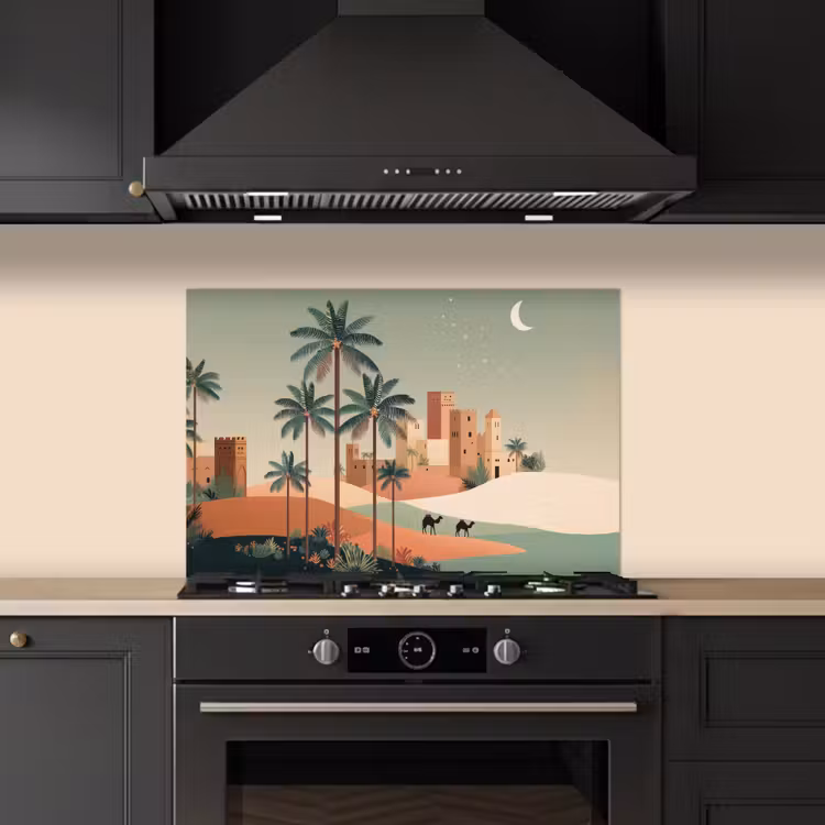 Spatscherm keuken - Nachtlandschap - Kamelen - Sterren - zandduinden — 2