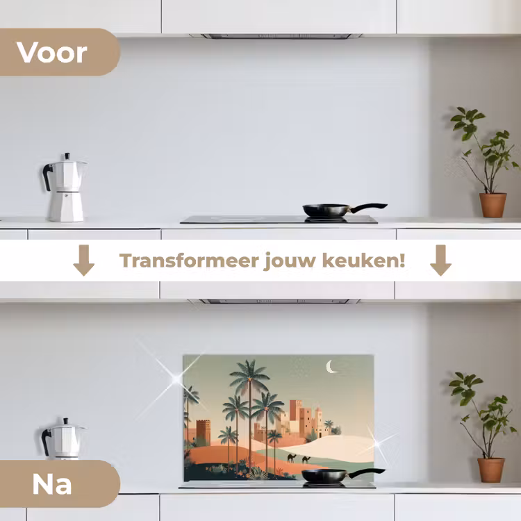 Spatscherm keuken - Nachtlandschap - Kamelen - Sterren - zandduinden — 3