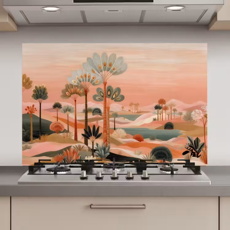 Spatscherm keuken - Roze landschap - Palmen - Water — 1
