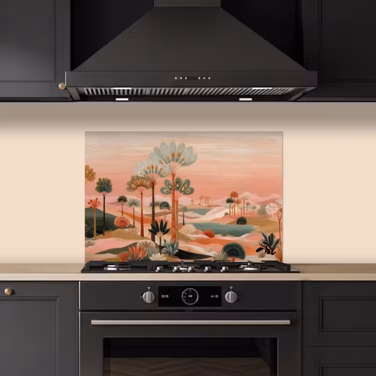 Spatscherm keuken - Roze landschap - Palmen - Water — 2