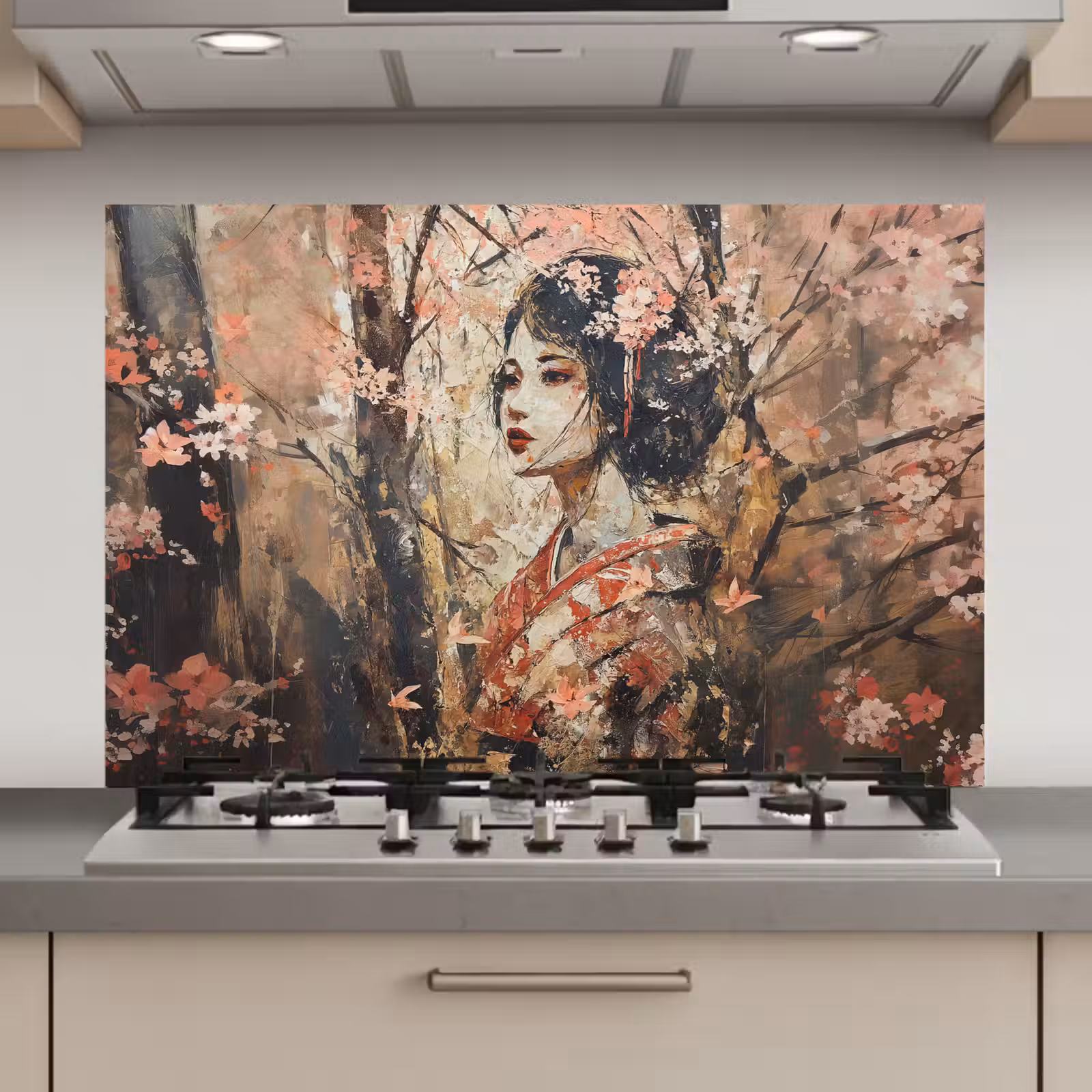 Spatscherm keuken - Kimono - Vrouw - kersenbomen — 1