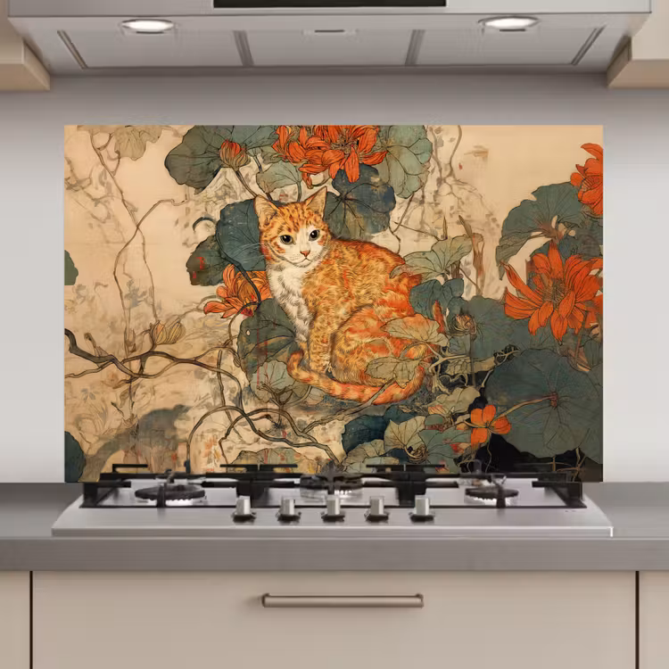 Spatscherm keuken - Kat - Sierlijk - Bloemen — 1