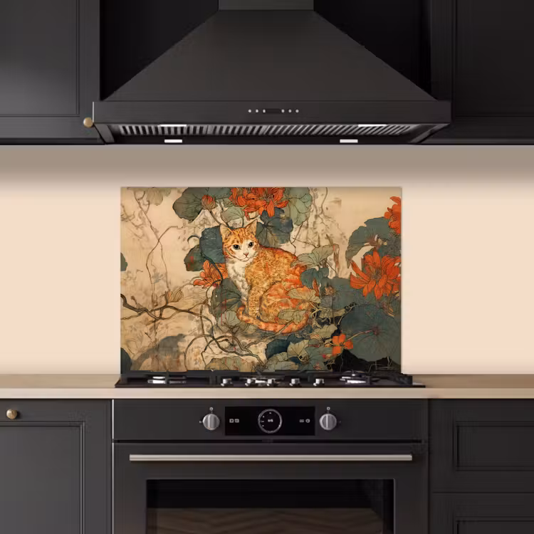 Spatscherm keuken - Kat - Sierlijk - Bloemen — 2