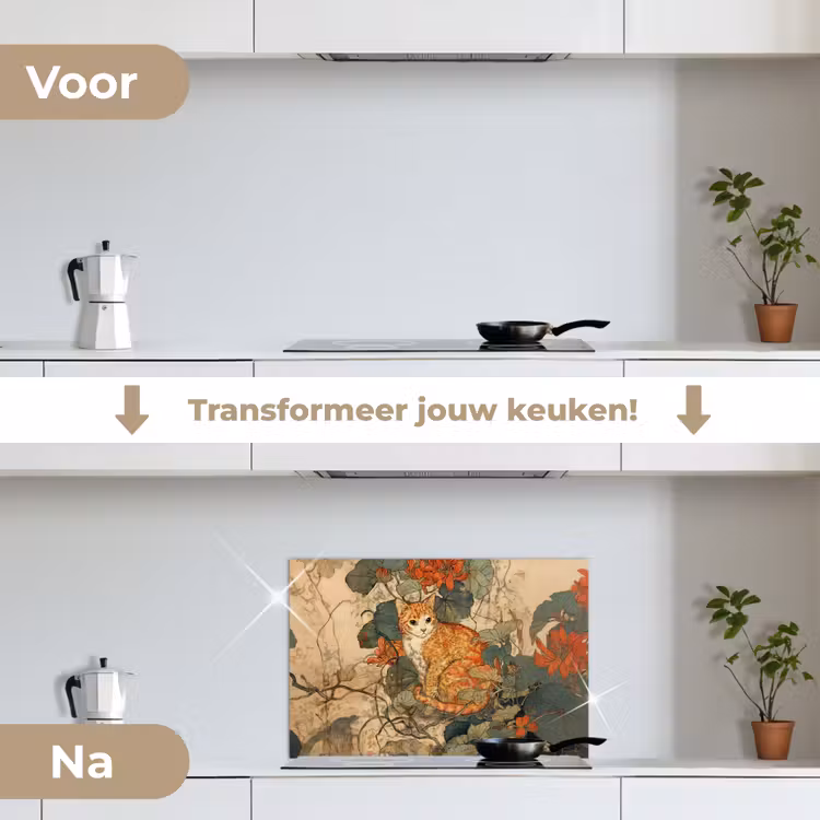 Spatscherm keuken - Kat - Sierlijk - Bloemen — 3