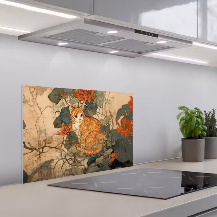 Spatscherm keuken - Kat - Sierlijk - Bloemen — 5