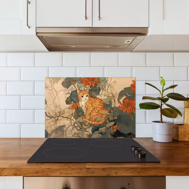 Spatscherm keuken - Kat - Sierlijk - Bloemen — 6