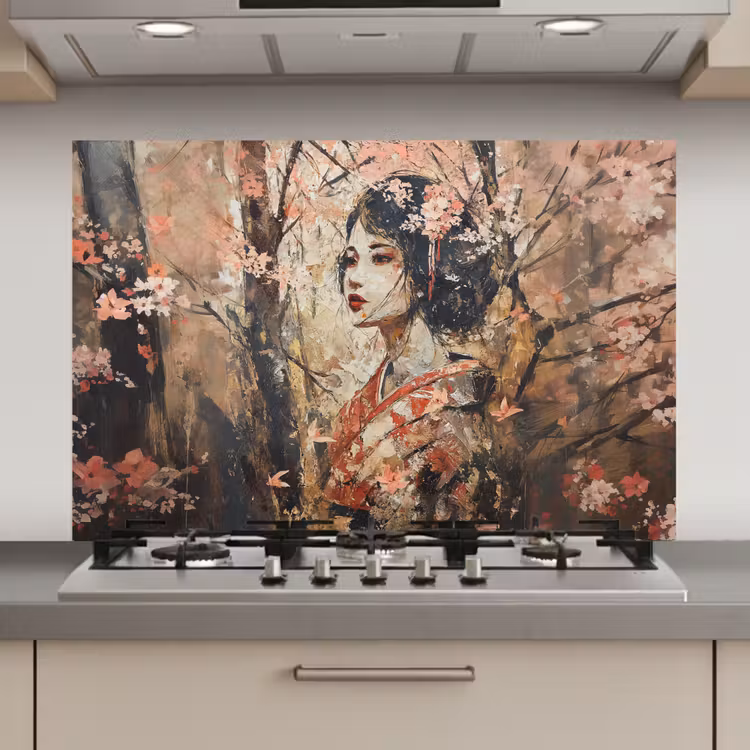 Spatscherm keuken - Kimono - Vrouw - kersenbomen — 1