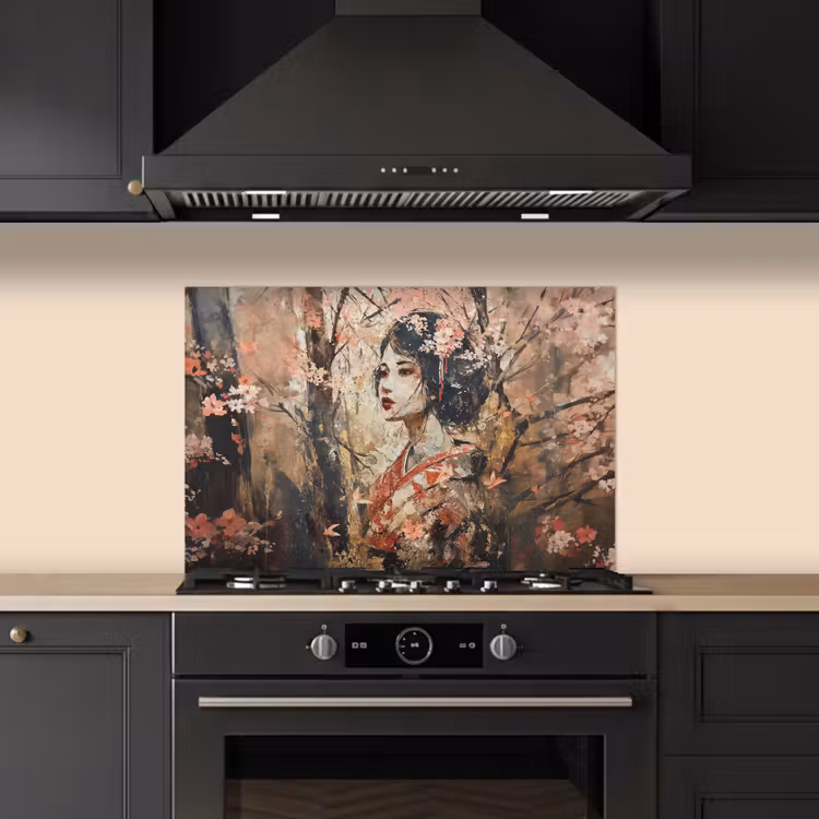 Spatscherm keuken - Kimono - Vrouw - kersenbomen — 2