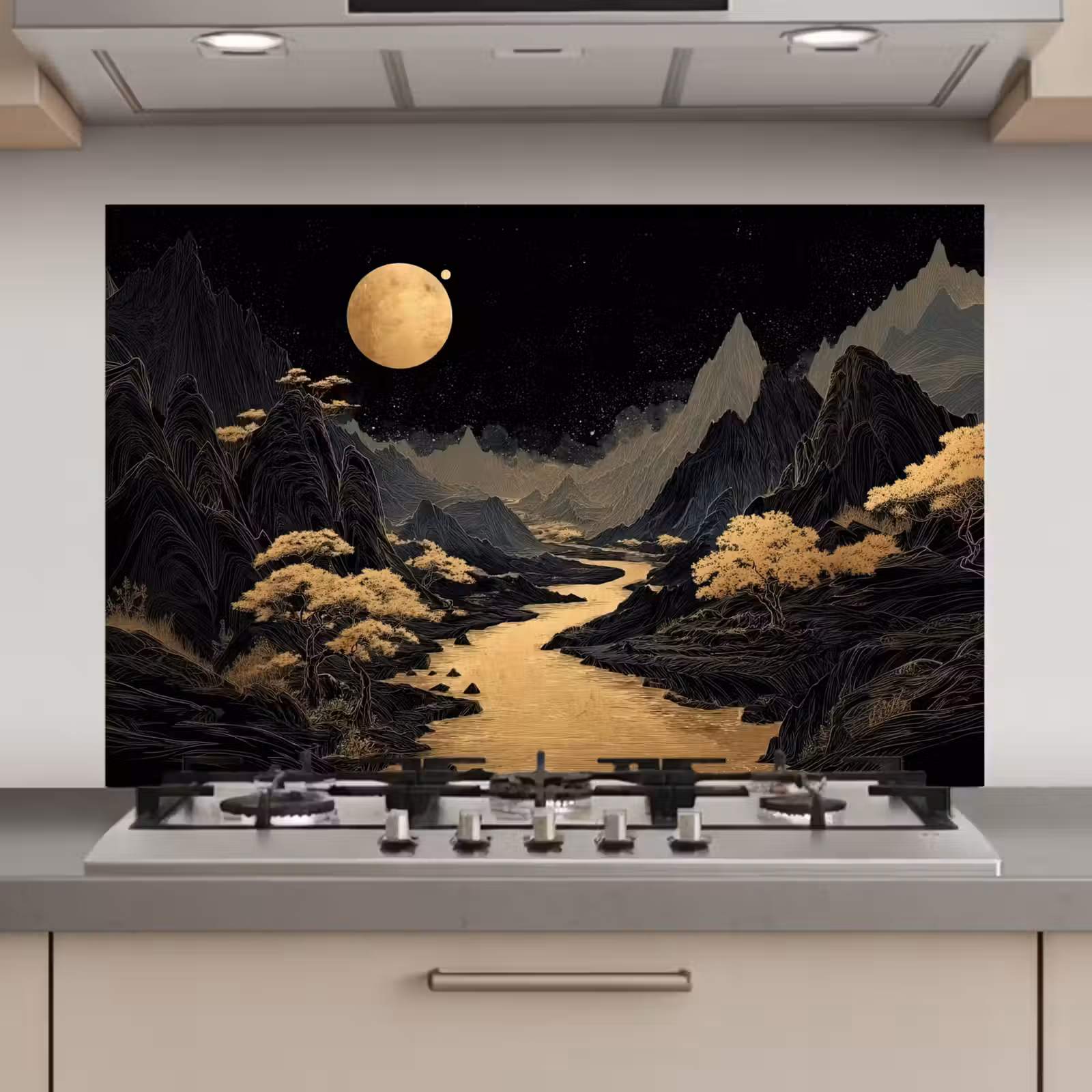 Spatscherm keuken - Gouden rivier - Bergen - Maan - Sterrenhemel — 1