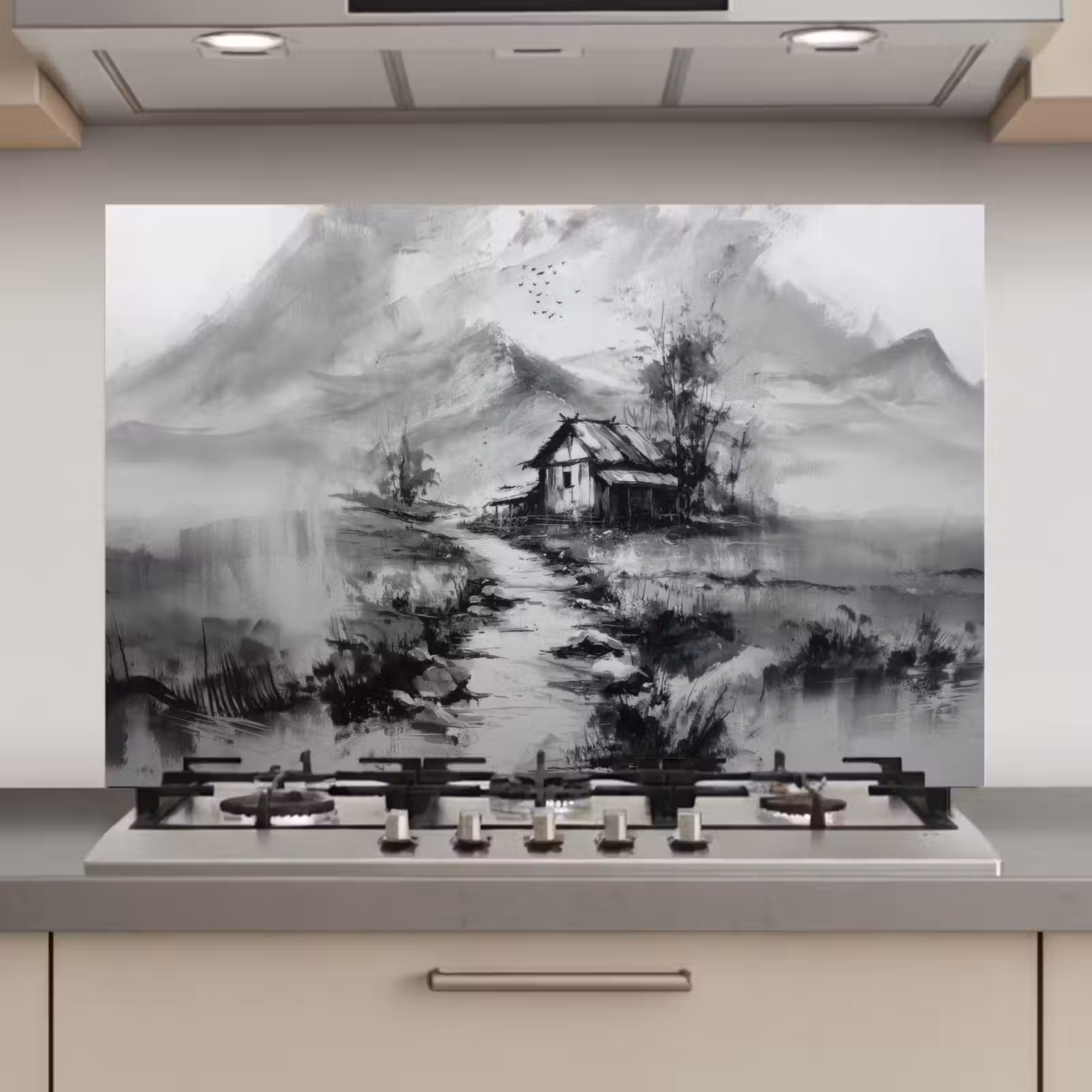 Spatscherm keuken - Hut - Grijs - Bergen - Mistig — 1