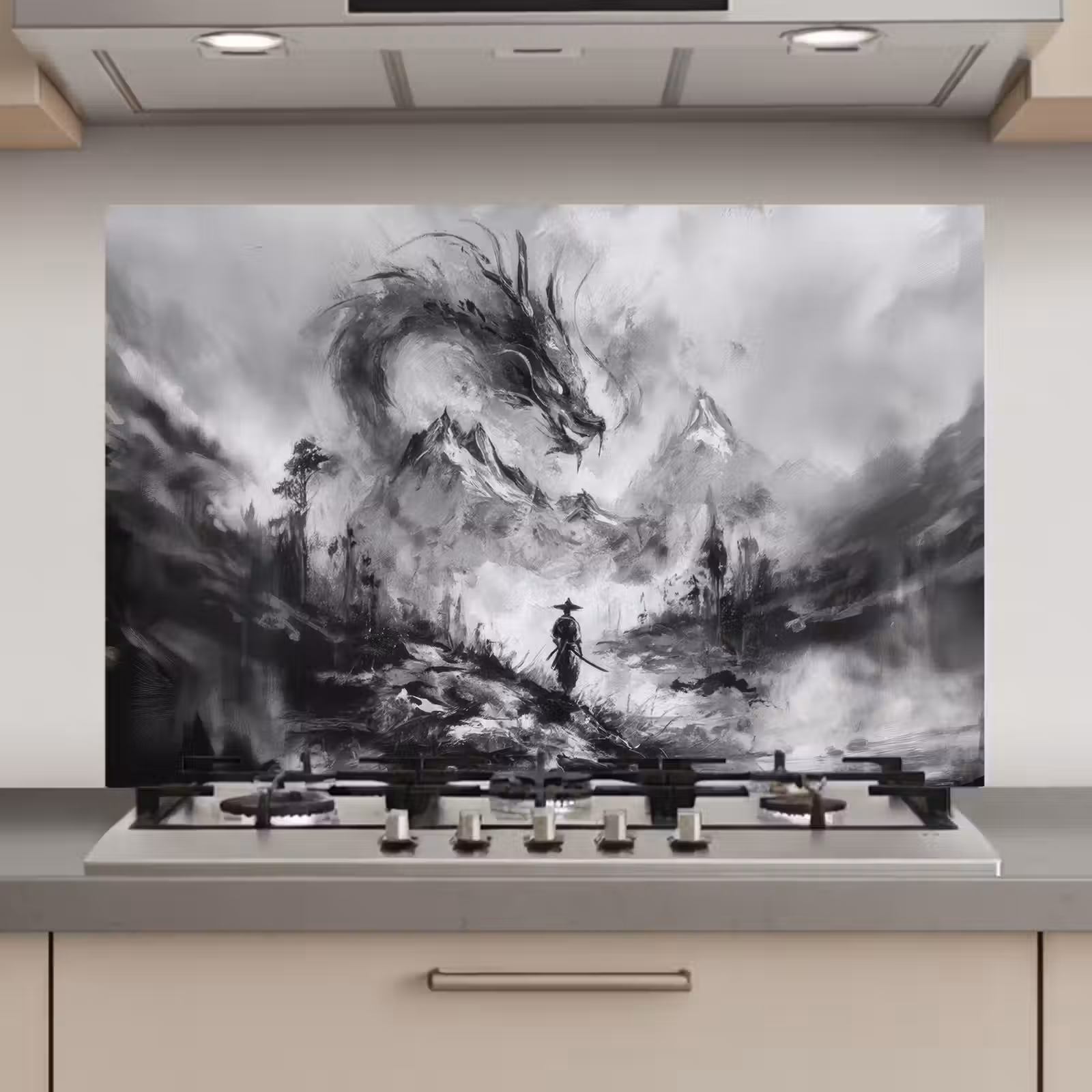 Spatscherm keuken - Krijger - Draak - Grijs — 1