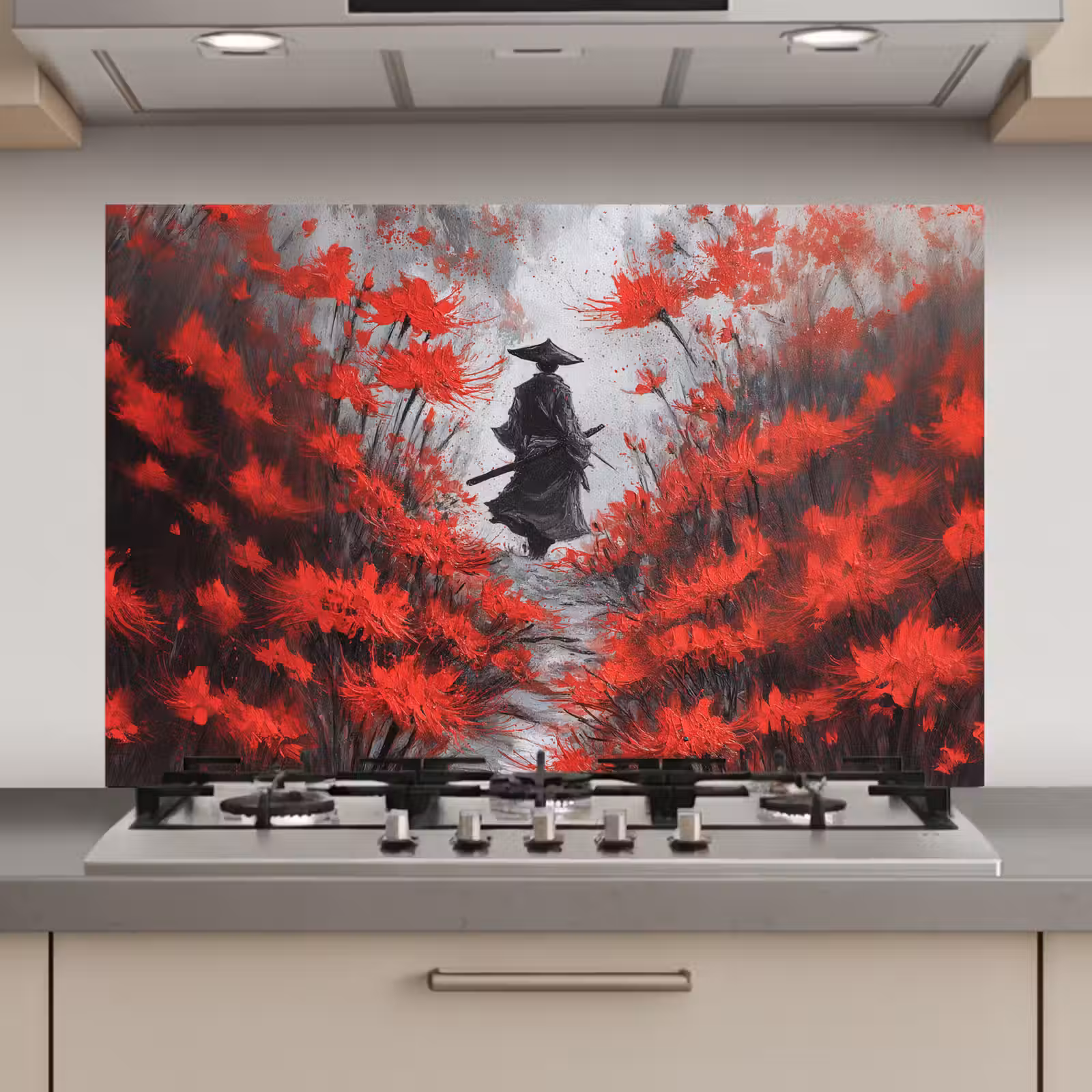 Spatscherm keuken - Rode bloemen - mistig - Man — 1