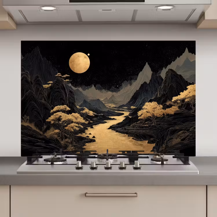 Spatscherm keuken - Gouden rivier - Bergen - Maan - Sterrenhemel — 1