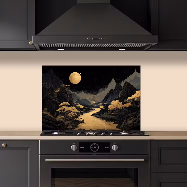 Spatscherm keuken - Gouden rivier - Bergen - Maan - Sterrenhemel — 2