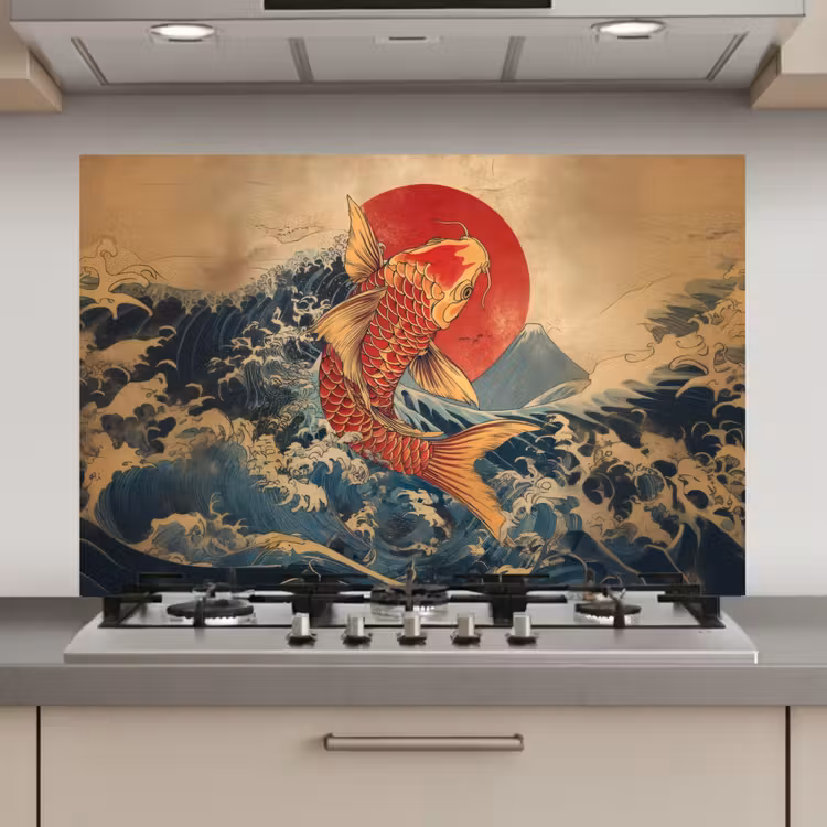 Spatscherm keuken - Koi - Zee - Golven - Zon — 1