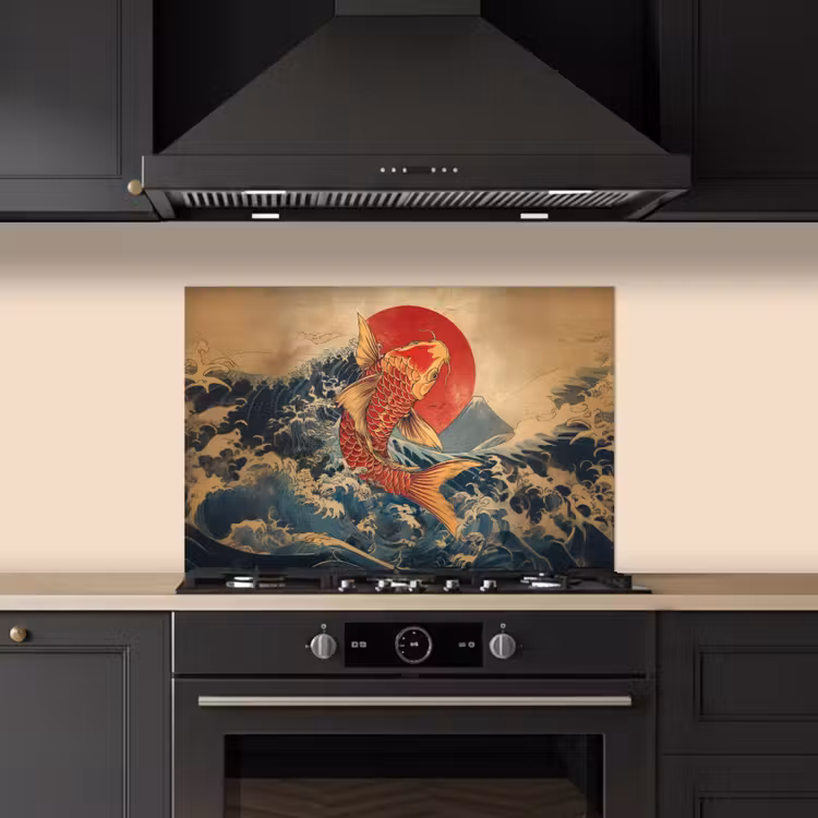 Spatscherm keuken - Koi - Zee - Golven - Zon — 2