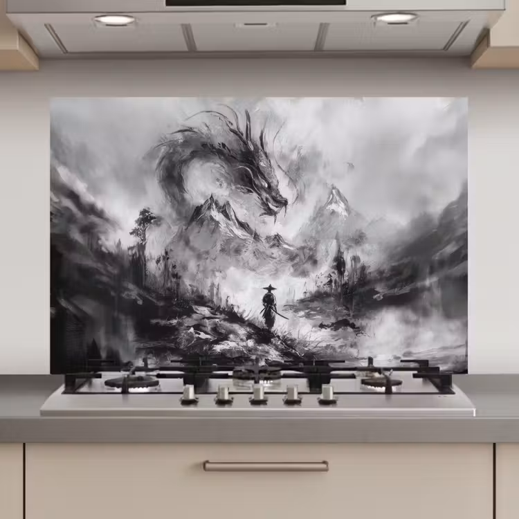 Spatscherm keuken - Krijger - Draak - Grijs — 1
