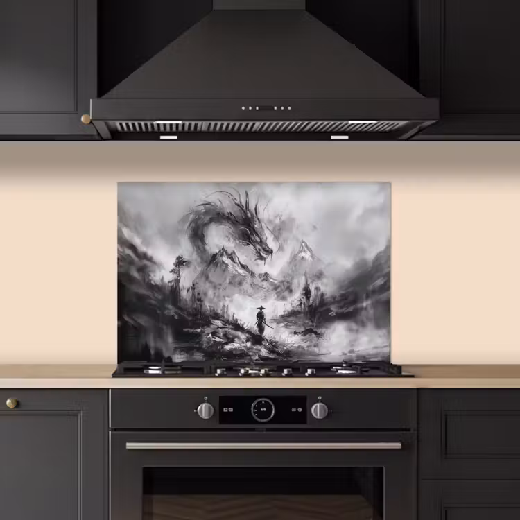 Spatscherm keuken - Krijger - Draak - Grijs — 2