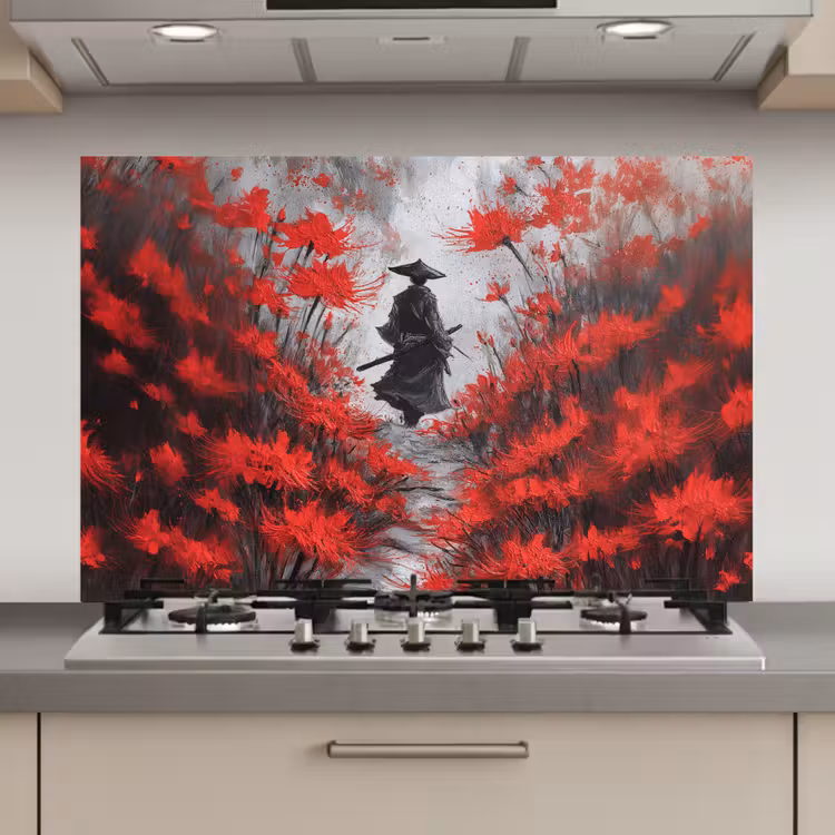 Spatscherm keuken - Rode bloemen - mistig - Man — 1