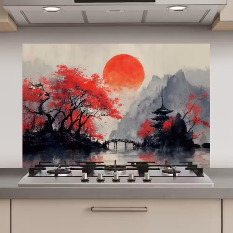 Spatscherm keuken - Rode zon - Rivier - brug - Bomen — 1
