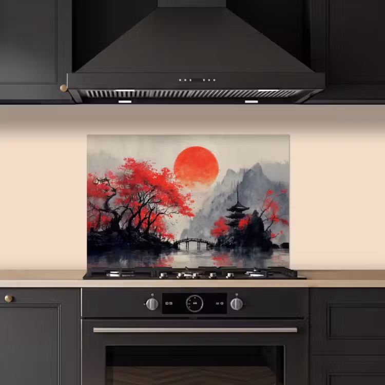 Spatscherm keuken - Rode zon - Rivier - brug - Bomen — 2