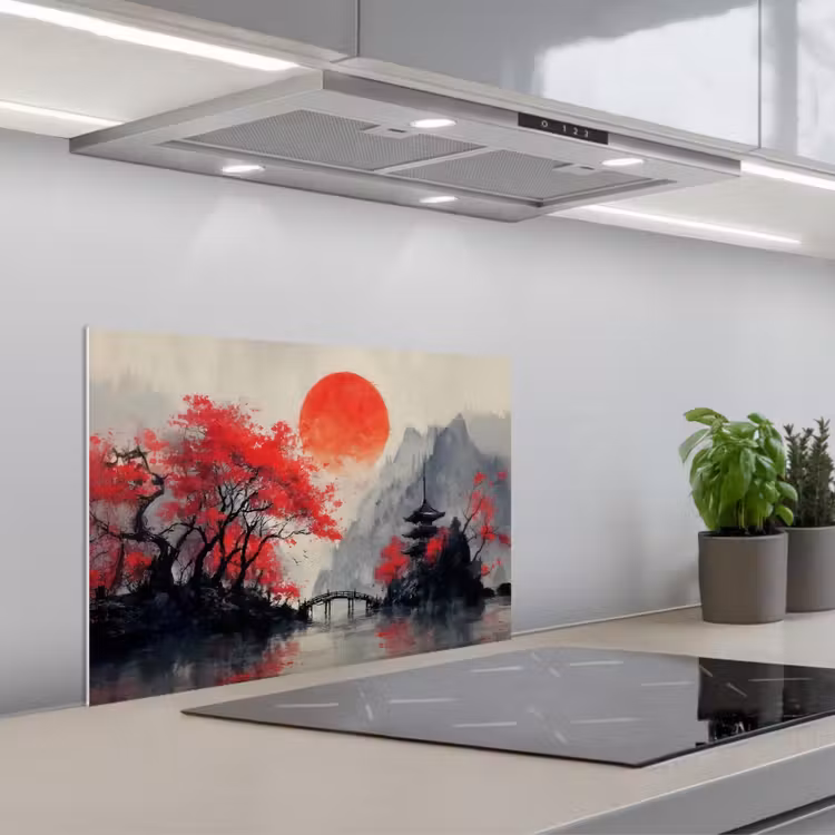 Spatscherm keuken - Rode zon - Rivier - brug - Bomen — 5