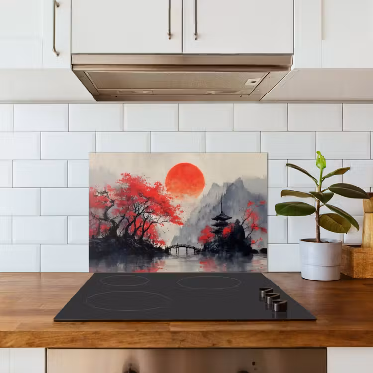 Spatscherm keuken - Rode zon - Rivier - brug - Bomen — 6
