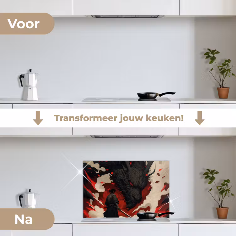 Spatscherm keuken - Krijger - Draak - Zwart - Rood - Rook — 3