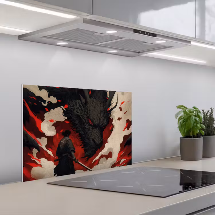 Spatscherm keuken - Krijger - Draak - Zwart - Rood - Rook — 5