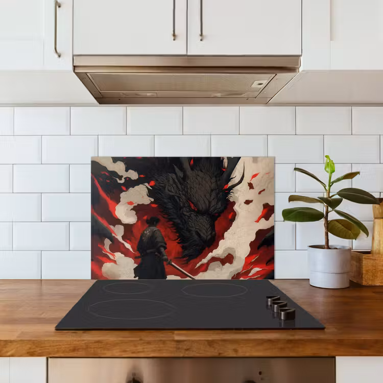 Spatscherm keuken - Krijger - Draak - Zwart - Rood - Rook — 6