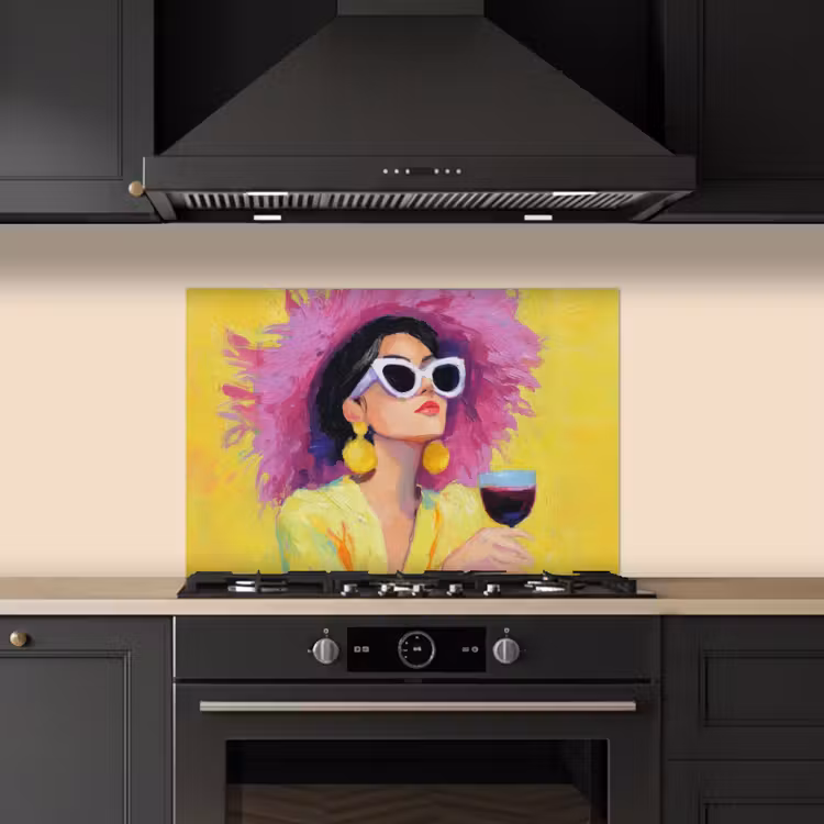 Spatscherm keuken - Vrouw - Hoed - Paars - Wijn — 2