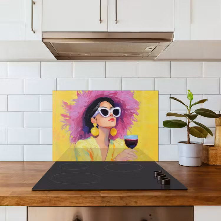 Spatscherm keuken - Vrouw - Hoed - Paars - Wijn — 6