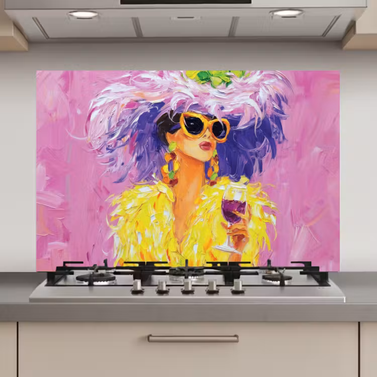 Spatscherm keuken - Zonnebril - Vrouw - Jas - Veren — 1