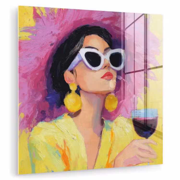 Glas schilderij - Vrouw - Hoed - Paars - Wijn — 1