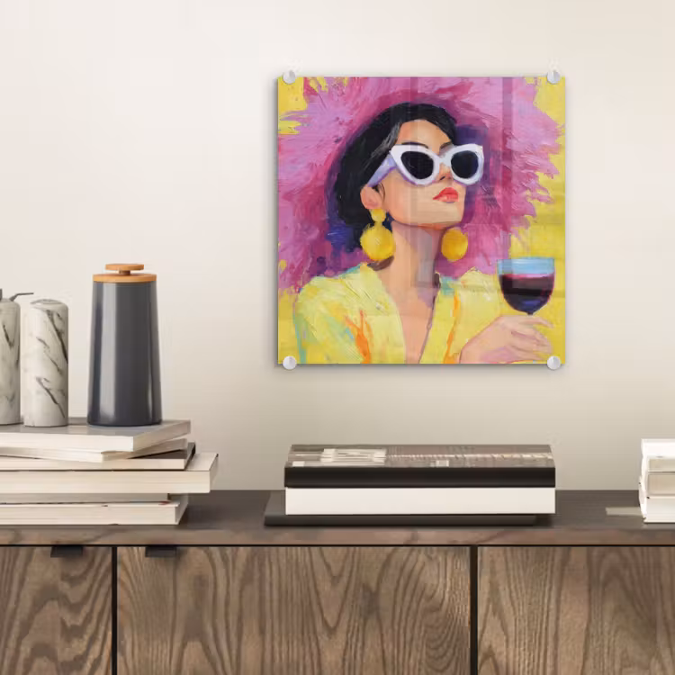 Glas schilderij - Vrouw - Hoed - Paars - Wijn — 2