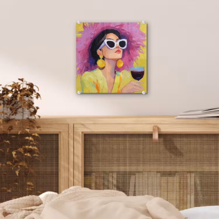 Glas schilderij - Vrouw - Hoed - Paars - Wijn — 5