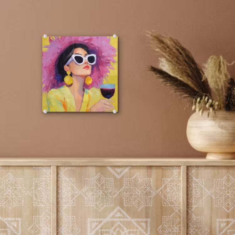 Glas schilderij - Vrouw - Hoed - Paars - Wijn — 6