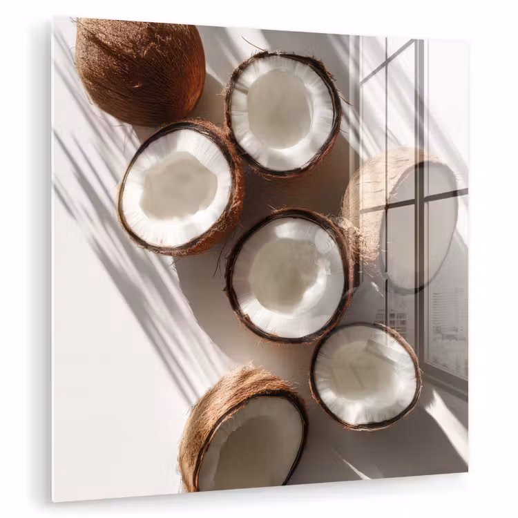 Glas schilderij - Kokosnoten Palmbladschaduw