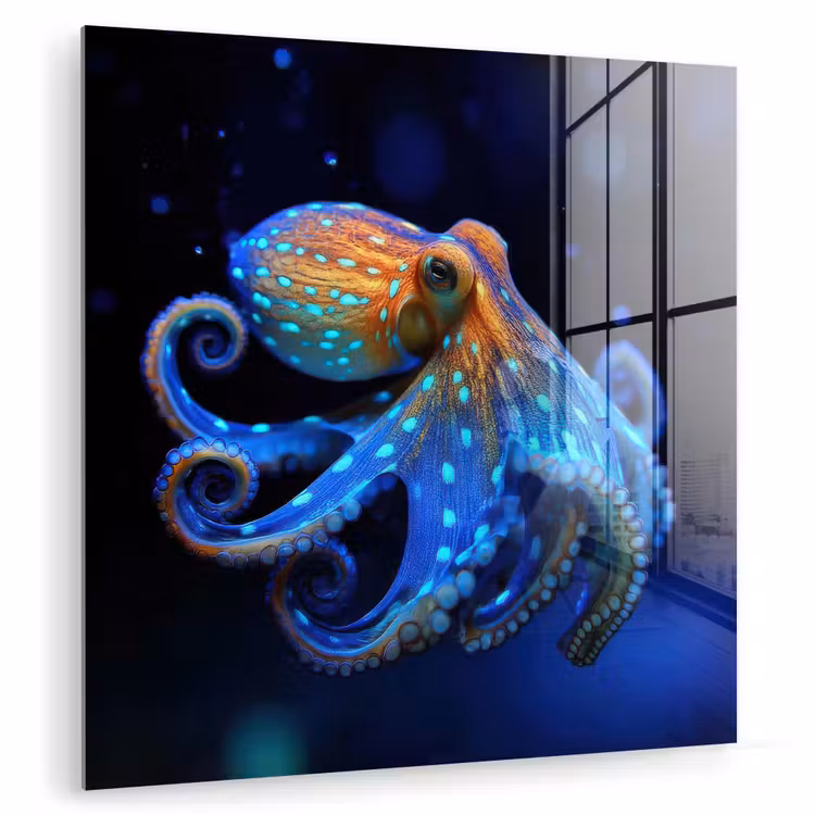 Glas schilderij - Octopus - Stippen - Blauw - Zee — 1