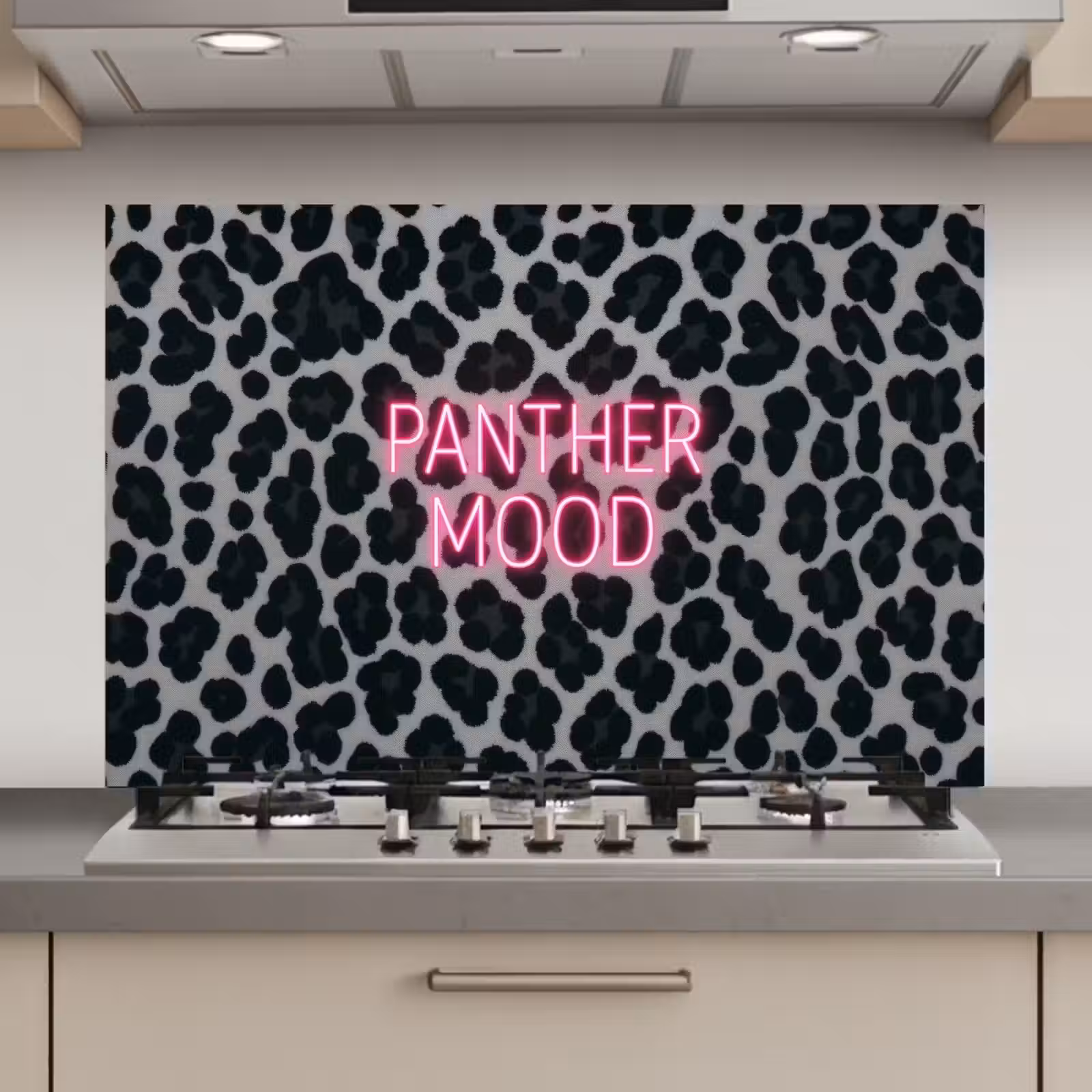 Spatscherm keuken - Panterprint - Zwart - Neonletters - Roze — 1