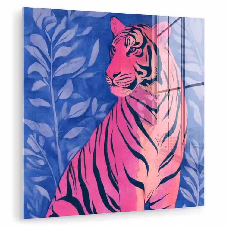 Glas schilderij - Tijger - Roze - Bladeren - Jungle — 1