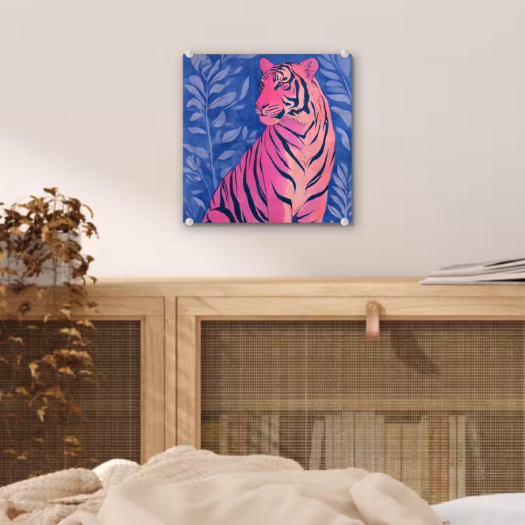 Glas schilderij - Tijger - Roze - Bladeren - Jungle — 5