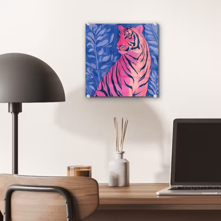 Glas schilderij - Tijger - Roze - Bladeren - Jungle — 7