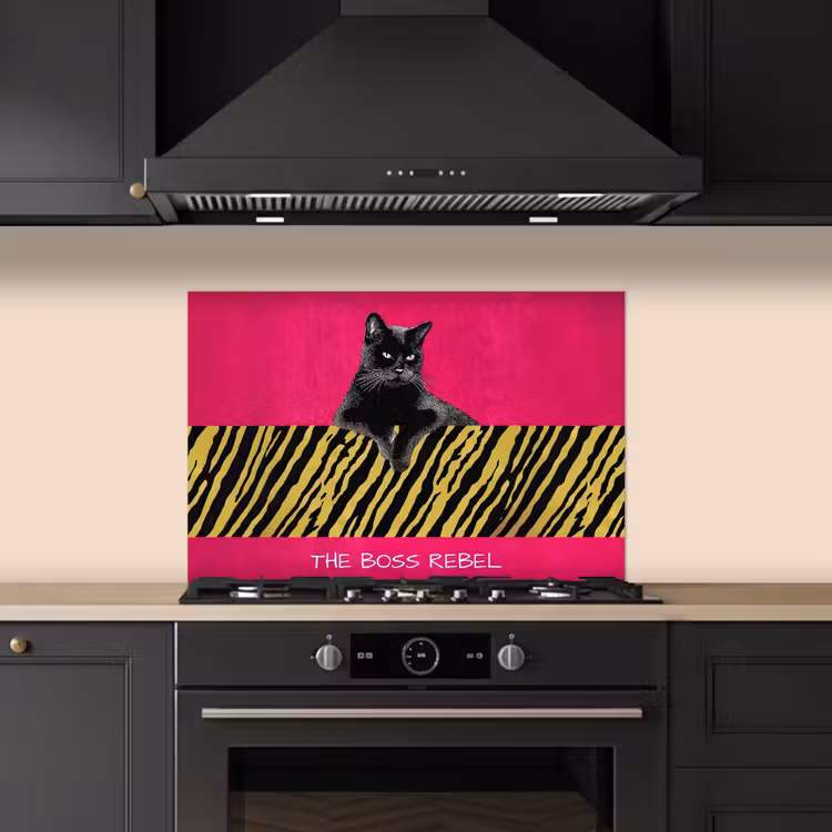 Spatscherm keuken - Kat - Baas - Roze - Tijgerprint — 2