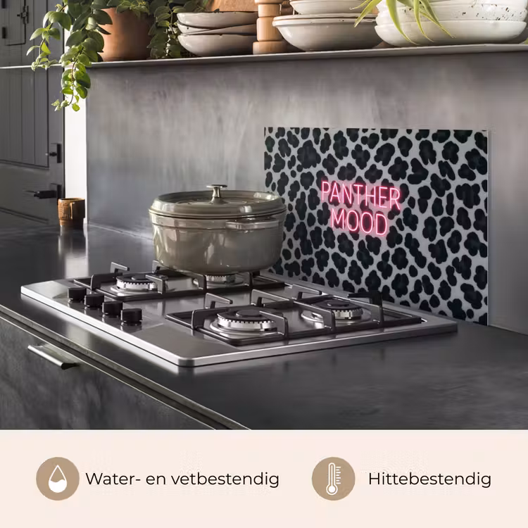 Spatscherm keuken - Panterprint - Zwart - Neonletters - Roze — 7