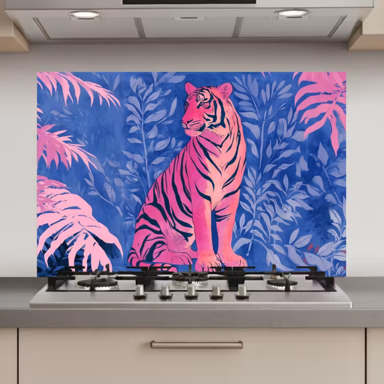 Spatscherm keuken - Tijger - Roze - Bladeren - Jungle — 1
