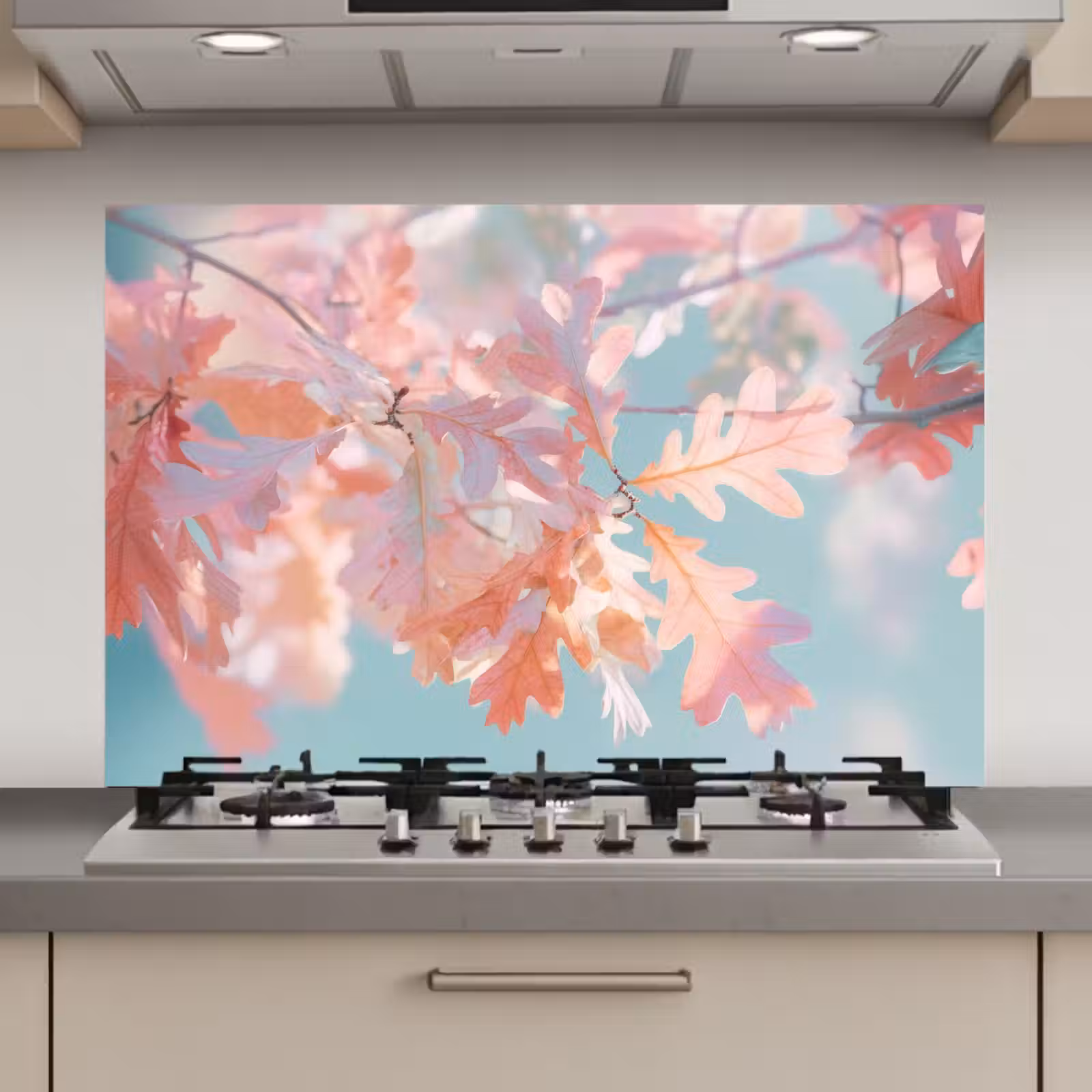Spatscherm keuken - Eikenbladeren - Takken - Roze — 1