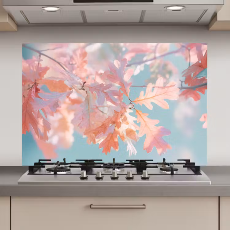 Spatscherm keuken - Eikenbladeren - Takken - Roze — 1