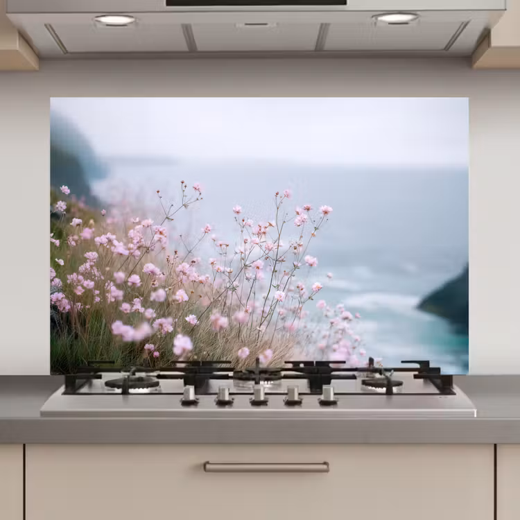 Spatscherm keuken - Klif - Bloemen - Zee - Roze — 1