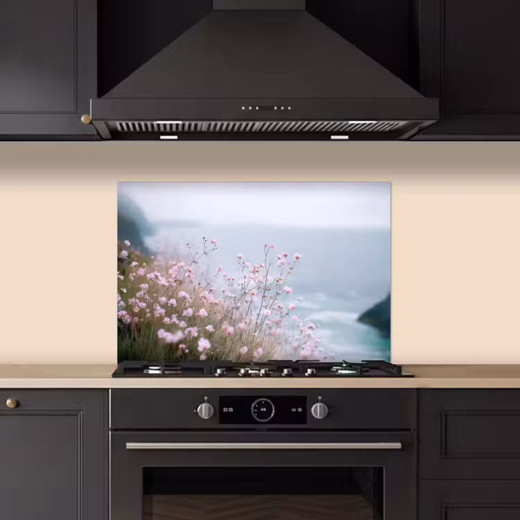 Spatscherm keuken - Klif - Bloemen - Zee - Roze — 2